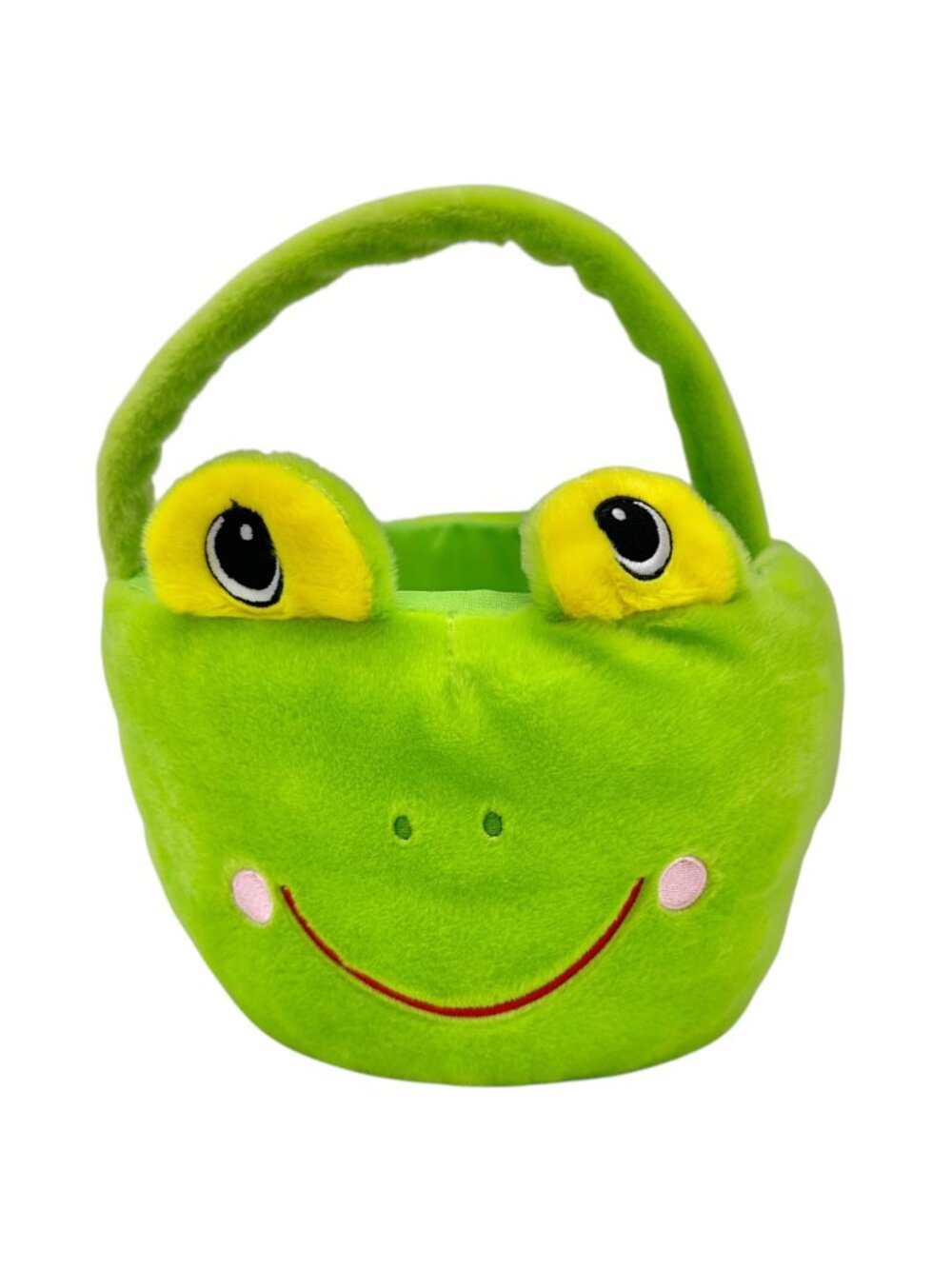Plush Frog Face Green Basket w Handle Stuffed Polyester Fiber Lightweight Sturdy